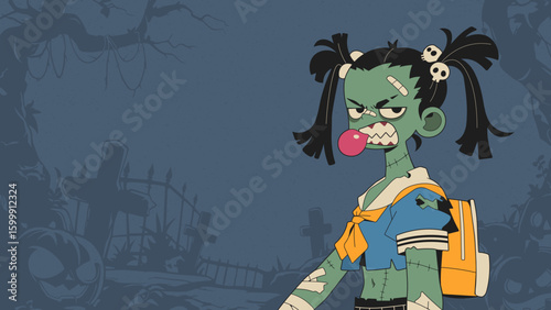 Cartoon zombie schoolgirl - Halloween spooky character background
