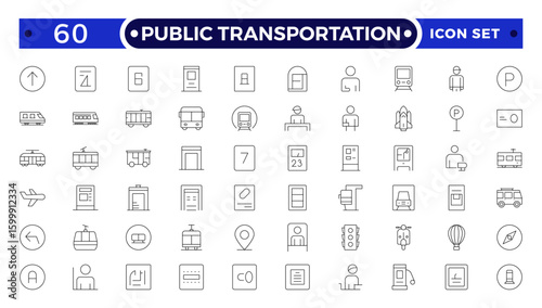Public transportation outline Icons set. Contain icons related to vehicle, cars, truck, ship, boat, train, subway, motorcycle, motor scooter, and more.