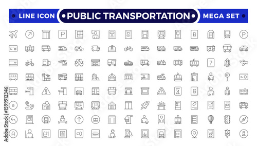 Public transportation outline Icons set. Contain icons related to vehicle, cars, truck, ship, boat, train, subway, motorcycle, motor scooter, and more.