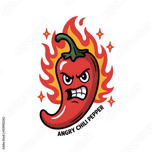 Cartoon chili pepper on fire with angry face spicy