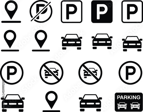 parking sign, road sign, traffic sign, parking icon, no parking icon, symbol, vector, monochrome, black and white  
