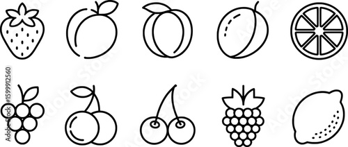 Strawberry peach plum apricot orange grape cherry raspberry lemon icons vector