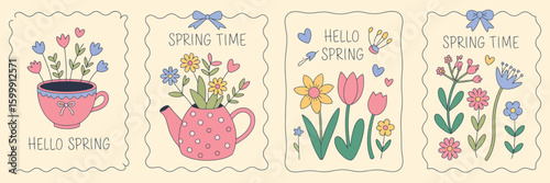 Vintage Spring Card Set – Hand Drawn Whimsical Frames with Bows, Ribbons, Flowers, Tulip, Daffodil, Watering Can – Coquette Style Vector Templates for Holiday Posters

