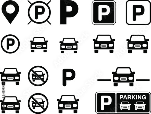 parking sign, road sign, traffic sign, parking icon, no parking icon, symbol, vector, monochrome, black and white  
