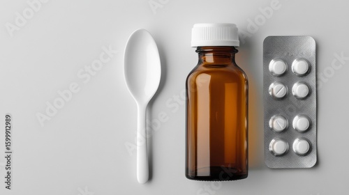A brown glass medicine bottle with a white cap placed next to a spoon