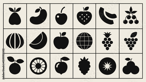 Abstract fruit illustration: An artistic arrangement of a diverse array of fruits, meticulously rendered in silhouette against a pale, neutral backdrop. A captivating visual representation.