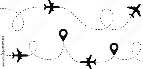 Airplane dotted path set aircrafts route dotted line route airline trajectory