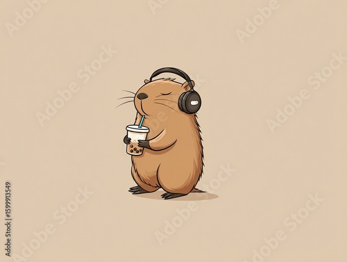 Cute Capybara Drinking Bubble Tea with Headphones