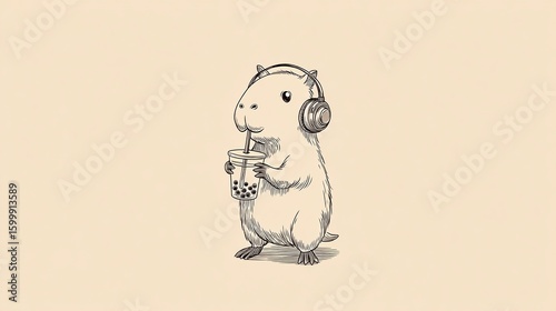 Cute Capybara Drinking Bubble Tea with Headphones