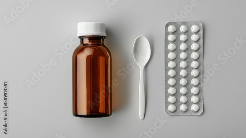 A brown glass medicine bottle with a white cap placed next to a spoon