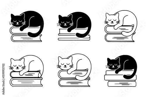 Sleeping Cats on Books: A charming set of monochrome line art illustrations depicts three cute cats napping peacefully atop stacks of books, showcasing their serene expressions and simple elegance.