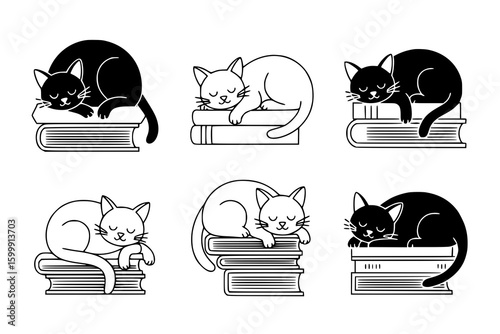 Sleeping Cats on Books: A charming set of line art illustrations depicts cute cats peacefully napping atop stacks of books, in both black and white variations.