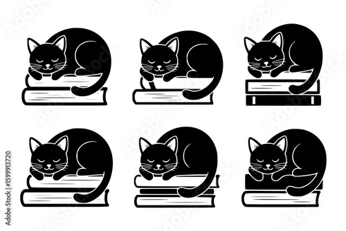 Six Sleeping Cats on Books: A charming set of monochrome vector illustrations depicts six adorable black cats peacefully napping atop stacks of books, showcasing a serene and cute aesthetic.