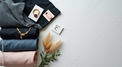Stacked folded clothing with jewelry and dried grass