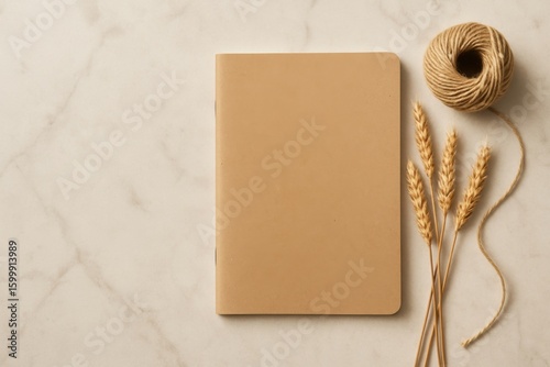 Tan notebook with wheat and twine on marble craft dried wheat