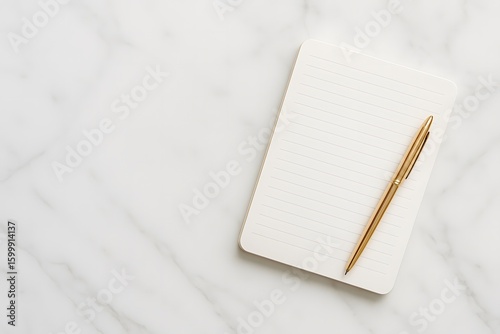 White notepad with gold pen on marble surface writing