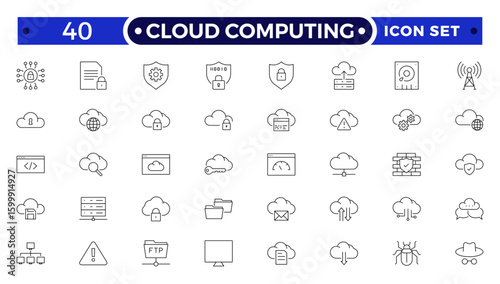Cloud computing outline icon set. cloud services, server, cyber security, statistics, analytics, server, monitoring, computing, network, digital transformation.