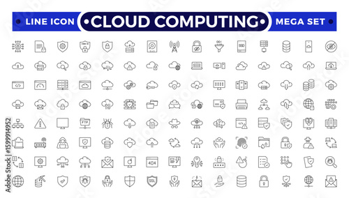 Cloud computing outline icon set. cloud services, server, cyber security, statistics, analytics, server, monitoring, computing, network, digital transformation.