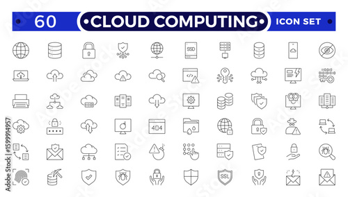 Cloud computing outline icon set. cloud services, server, cyber security, statistics, analytics, server, monitoring, computing, network, digital transformation.