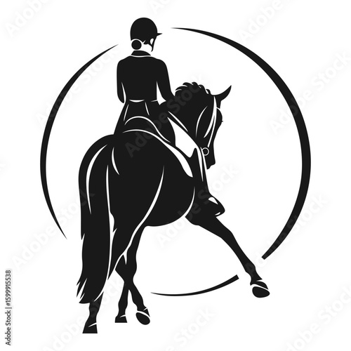 Silhouette of an equestrian rider performing dressage on a horse inside a circular frame