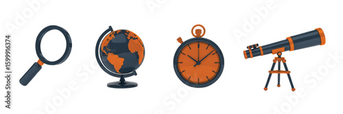 Magnifying glass globe stopwatch and telescope illustrations in orange and dark blue on white background