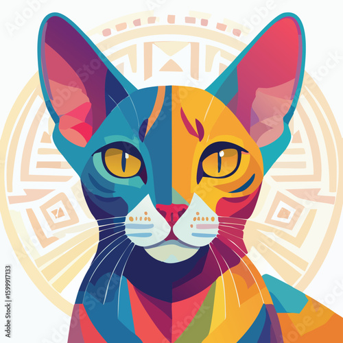 Oriental Shorthair illustrated through prismatic light patterns and faceted symmetry in abstract style.