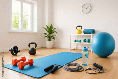 Person doing lunges on blue gym mat surrounded by dumbbells and kettlebell.