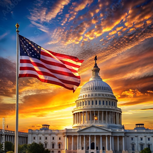 The united states capitol building stands proudly with the american flag waving against a vibrant sunset sky