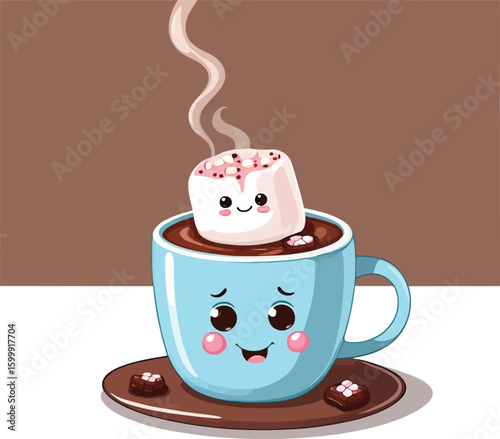Cute Cartoon Hot Chocolate With Marshmallow Character Vector Illustration