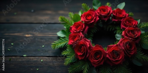 A somber yet elegant funeral wreath, crafted with deep red roses and evergreen boughs, rests on a dark wooden surface Perfect for sympathy, remembrance, and loss imagery , sorrow, memorial