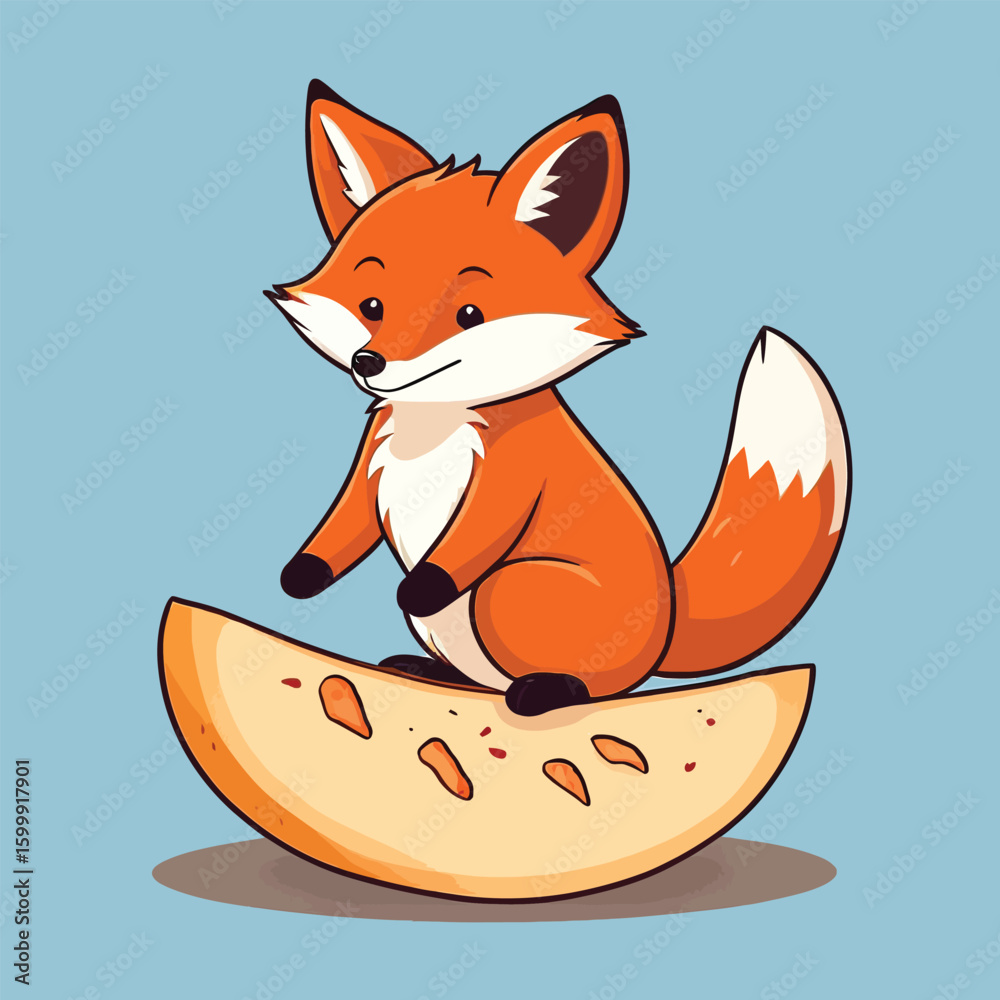 Obraz premium Cute Cartoon Fox Character On Cheese Slice Vector Illustration For Childrens Design