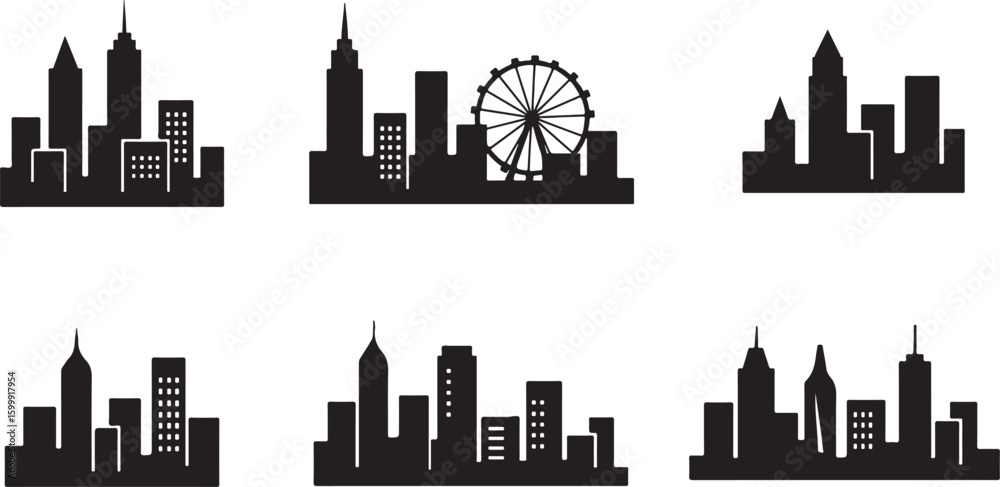 Fototapeta premium Silhouette collection of modern city skylines featuring architectural building designs in black