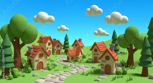 A charming house with a door and window sits on a grassy hill, surrounded by trees in a serene nature landscape, perfect for a summer village illustration