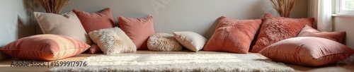 A variety of plush cushions scattered across a room, creating a cozy and inviting atmosphere Perfect for home decor, interior design, and comfort themes , cushions, fluffy