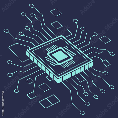 a computer chip with circuit board and lines