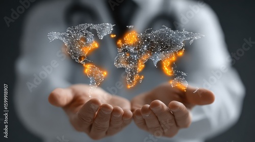 Doctor holds holographic world map to represent global telemedicine, medical data access, and cross-border healthcare innovation through immersive digital platforms.