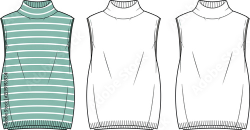 Sleeveless striped mock neck sweater vector template, women’s knit top design flat sketch, rib hem detail, CAD drawing flat vector illustration