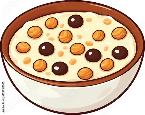 Cartoon Illustration Of A Bowl Of Creamy Porridge Topped With Round Cereal Pieces And Chocolate Balls Showcasing A Simple And Comforting Breakfast Option In A Cheerful Style
