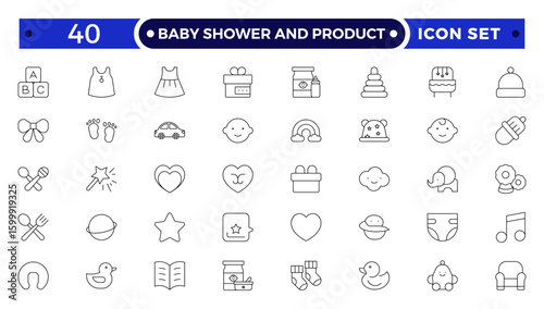 Baby Shower And Product outline icon set. Newborn, diaper, baby bottle, crib, pacifier, toy, pin, bib, first days of life, supplies, healthcare, transportation and safety.