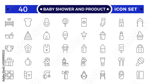 Baby Shower And Product outline icon set. Newborn, diaper, baby bottle, crib, pacifier, toy, pin, bib, first days of life, supplies, healthcare, transportation and safety.