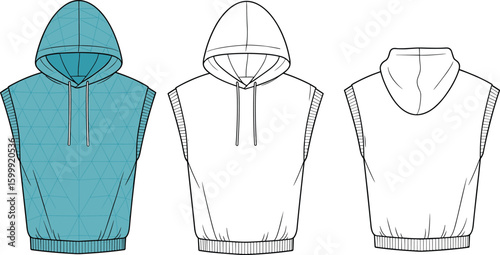 Sleeveless hooded sweatshirt with ribbed hem, casual athletic vest design, drawstring hoodie top, unisex sporty streetwear, vector CAD drawing