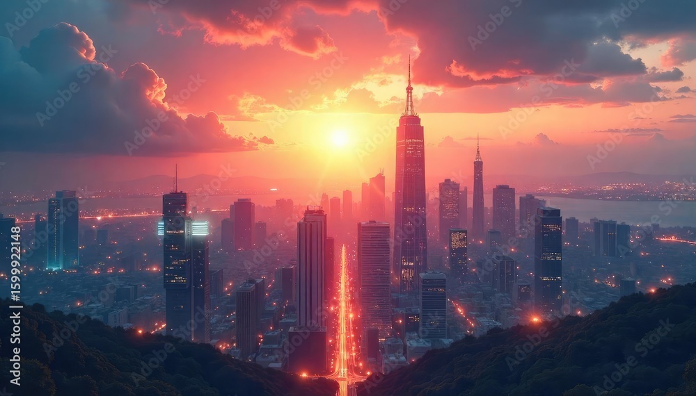 Fototapeta premium A futuristic cityscape at dawn, bathed in the ethereal glow of rising sun, hinting at a hopeful and technologically advanced future faith , glow, dawn, architecture