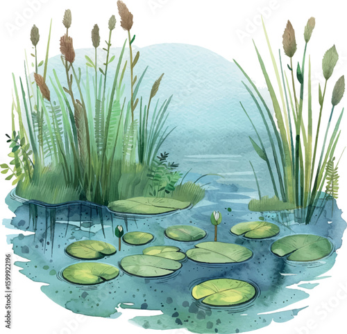 Vector watercolor illustration of pond plants and lily pads on lake