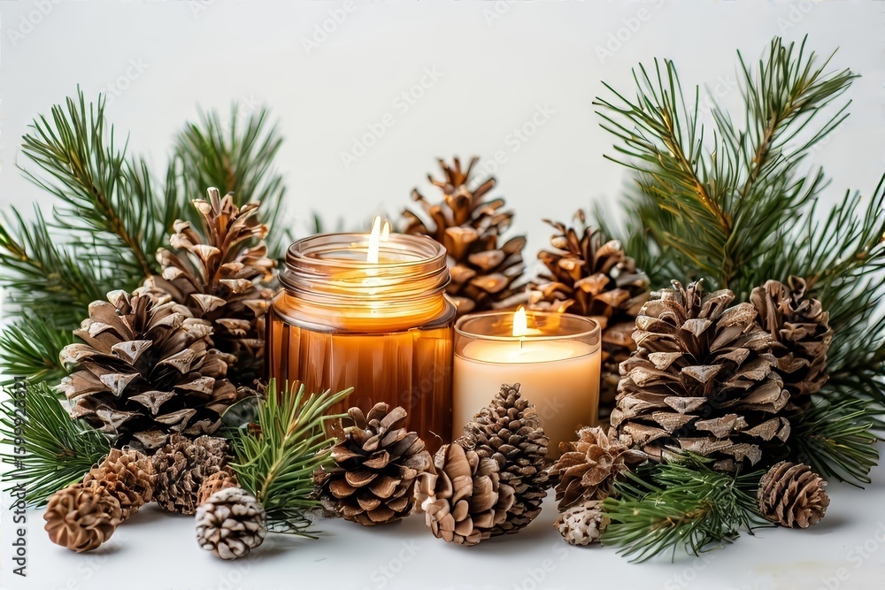 Fototapeta premium Lit candles in jars surrounded by pinecones, pine branches, and greenery, creating a cozy, festive, and warm holiday atmosphere. AI generated.