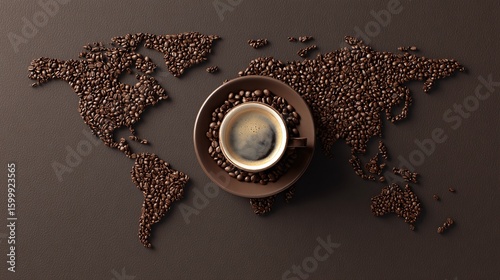 Coffee cup on world map made of beans for National Coffee Day