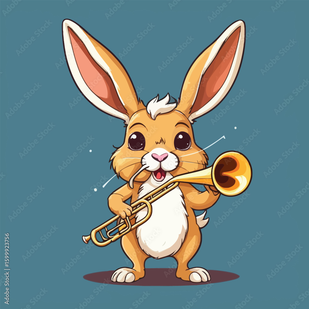 Fototapeta premium Cartoon Bunny Rabbit Playing Trumpet Cute Animal Character Art For Kids Illustration