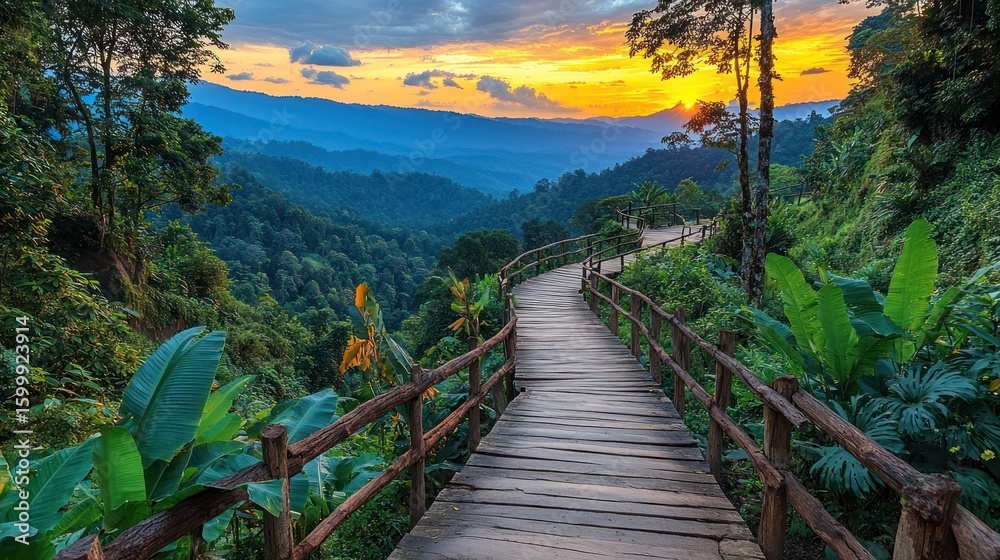 Fototapeta premium Wooden pathway winding through lush tropical mountains at sunset