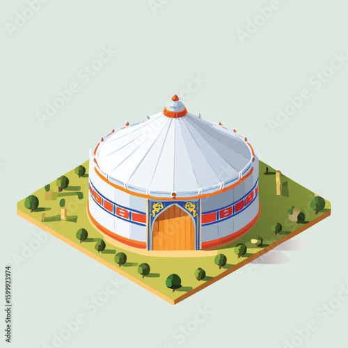 yurt technical isometric vector drawing with defined edges and modern simplicity.