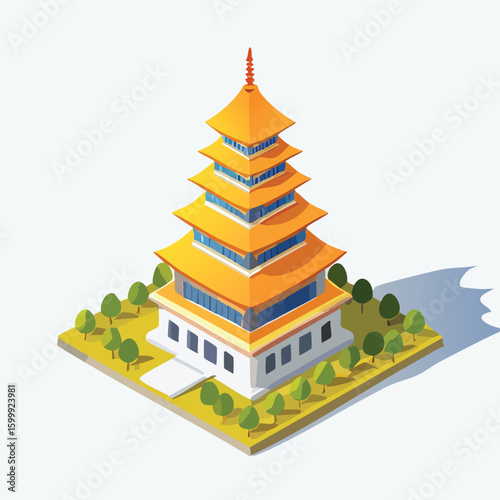 pagoda technical isometric vector drawing with defined edges and modern simplicity.