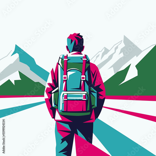 A stylized illustration of a hiker with a backpack facing snow-capped mountains, rendered in a modern, geometric, and colorful design.